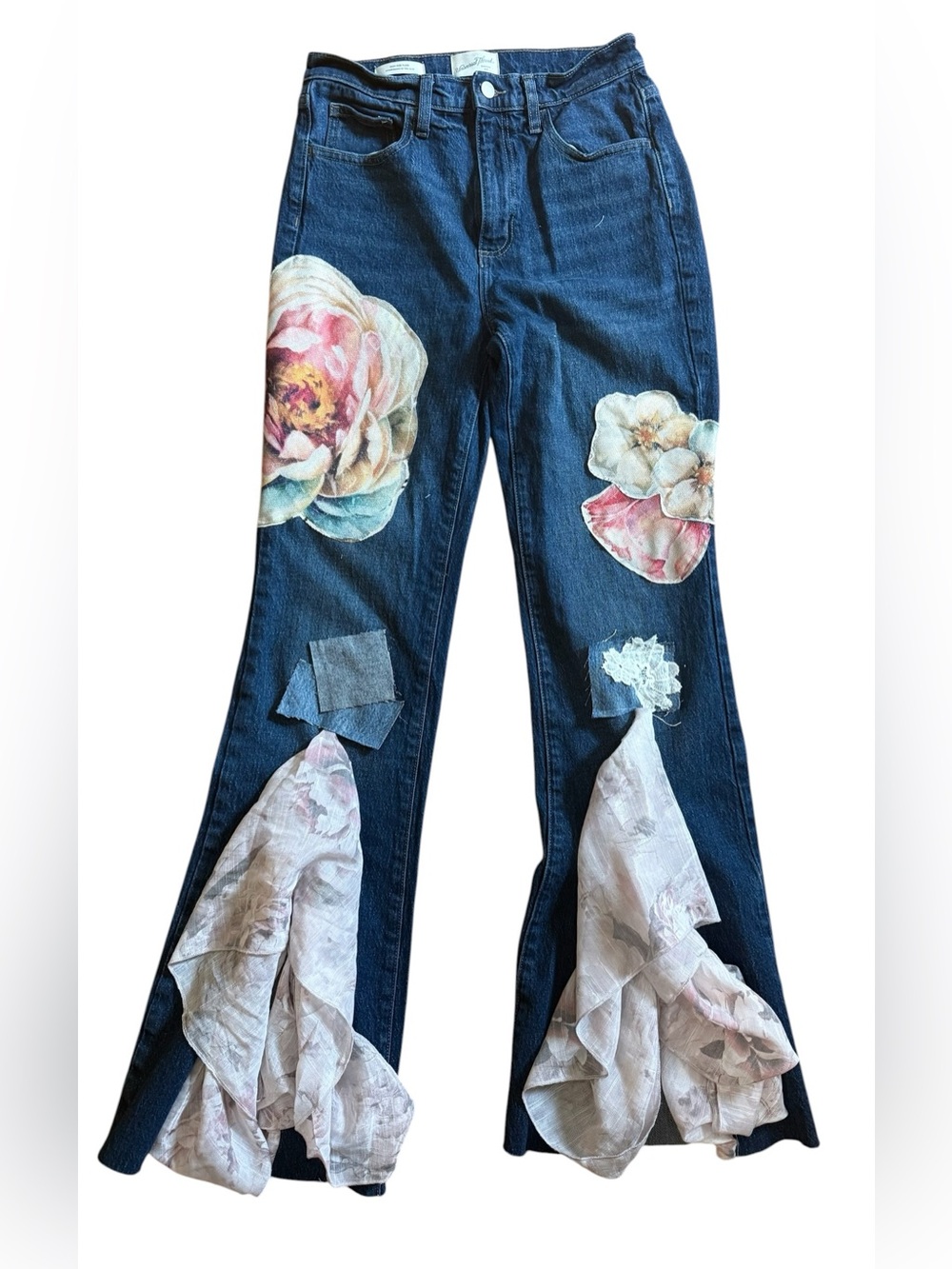 Lily Jean threads Women’s Dark Blue Floral Patch Flare Upcycle Jean - Picture 3 of 4